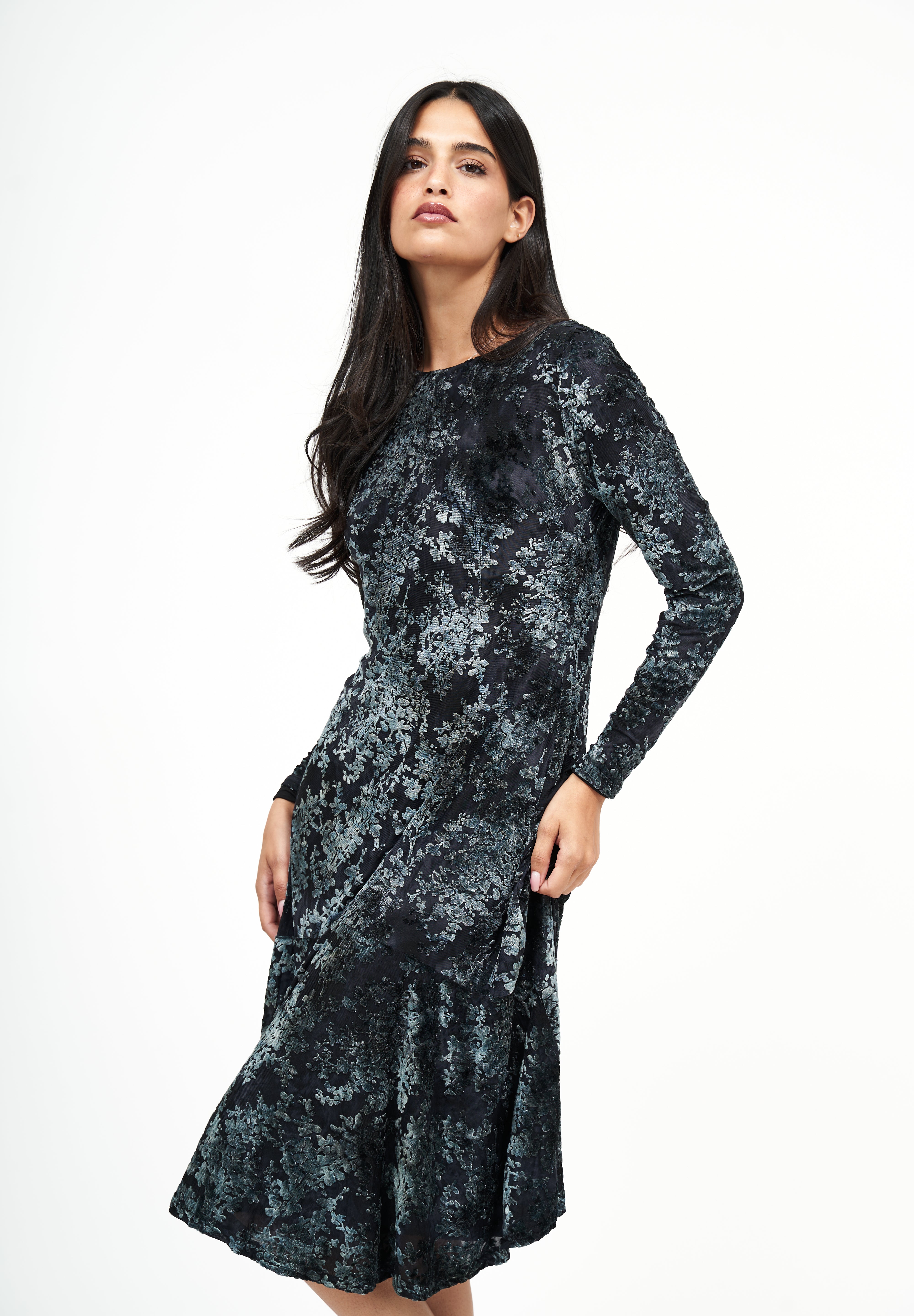 Anthro Ruffle Velvet Floral Dress: Grey