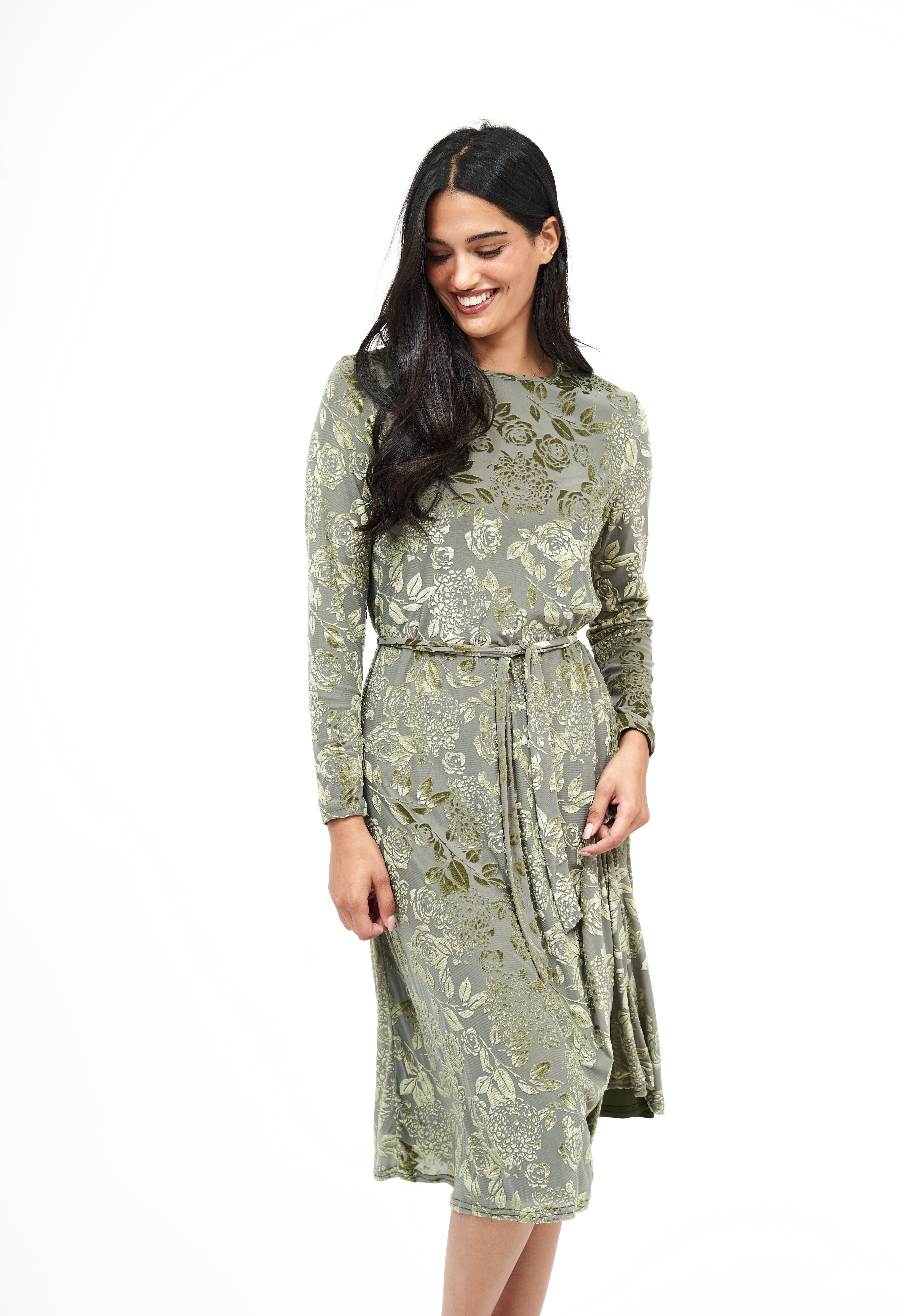 New Swing Floral Velvet Dress: Olive