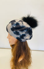 Load image into Gallery viewer, Grey and Blue Cheetah Beret with Pom Pom