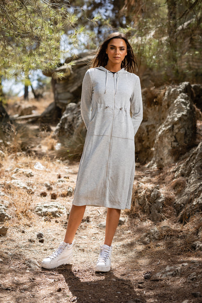 GREY LONG HOODIE DRESS